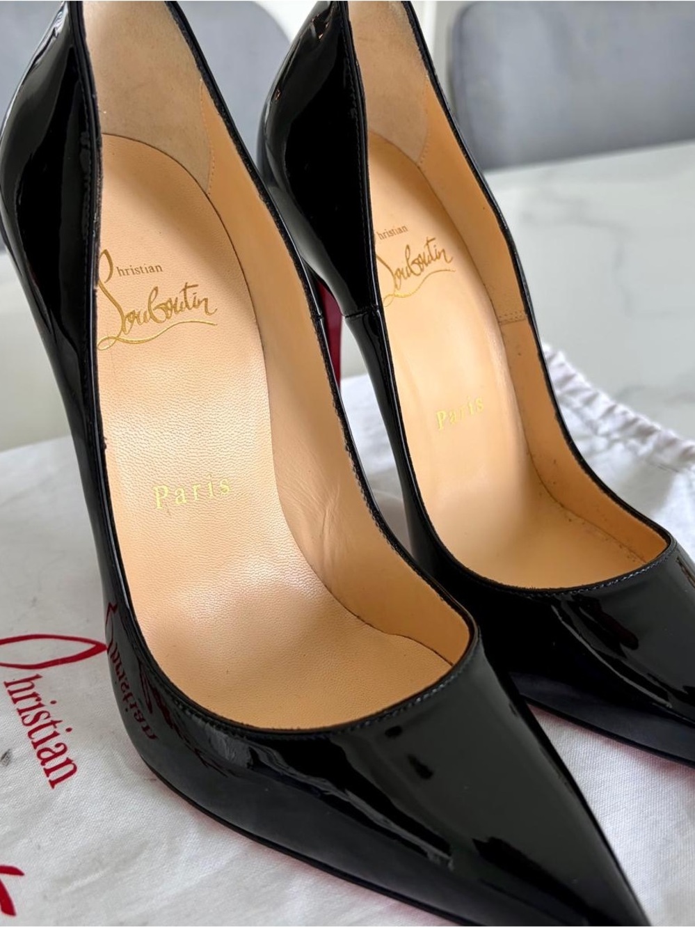 Christian Louboutin Black Patent Pointed-Toe Stiletto Pumps with Red Soles